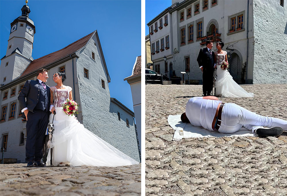 Hochzeitsfotograf Dirk Dittrich fotografiert ein Brautpaar vor dem Rathaus Weißensee